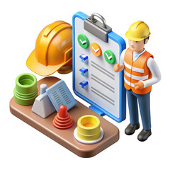 Construction worker with checklist and safety equipment isolated on transparent background