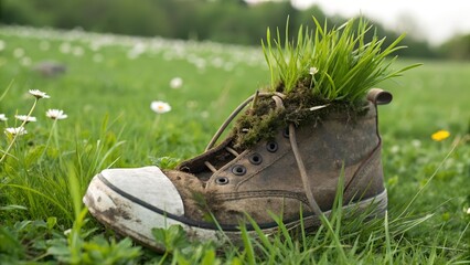 Worn-out shoe with grass growing through sole — nature reclaiming object