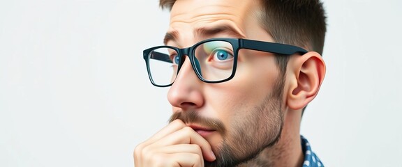 Thoughtful figure in glasses, pondering, looking right, white background, imagination, pensive