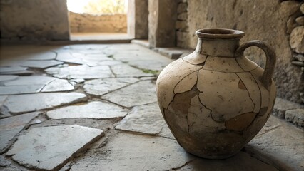 Abandoned clay jug with chipped lip — soft light on a stone floor