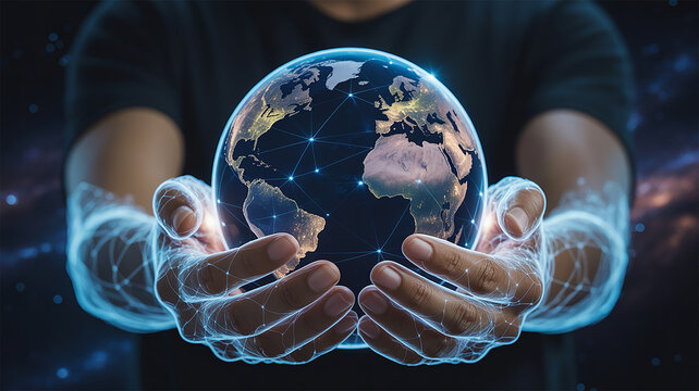 Person holding a digital globe representing global connections and data networks