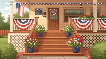 American house porch decorated with patriotic red white and blue flags and flowers for independence day celebration


