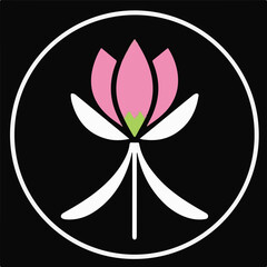 A minimalist logo featuring a pink and white lotus flower with a green stem, encircled by a white outline on a dark background.