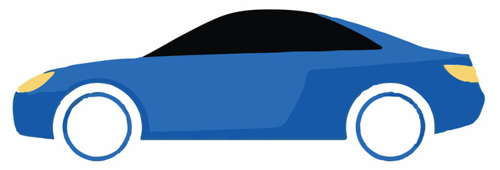 A stylized blue car in side profile with white wheels, black windows, and yellow headlights and taillights, against a white background.