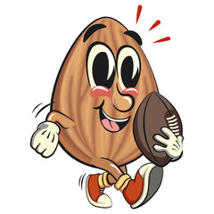 cute almond mascot cartoon vector illustration playing rugby or american football, isolated nut character for healthy food branding, packaging, and snack advertisement, work of hand drawn