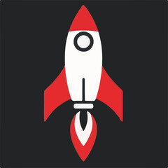 A bold, stylized red and white rocket blasting off with a fiery plume, set against a dark background, symbolizing progress and launch.