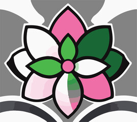 A vibrant six-petal flower in pink, white, and green with a black outline, set against a grey background.