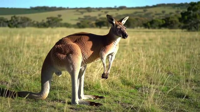 Red kangaroo rests, outback field