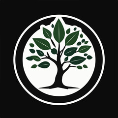 A stylized green-leaved tree with a dark trunk is enclosed within a white circle, all set against a dark background, evoking nature and growth.