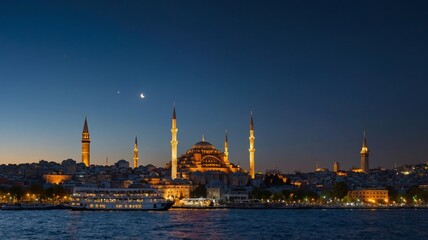 Evening View of the Illuminated Hagia Sophia and Skyline of Istanbul Along the Bosporus at Twilight With a Crescent Moon