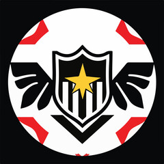 A round emblem with a central shield featuring a gold star and stripes, flanked by black wings, all on a white background with red accents.