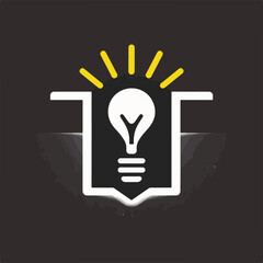 A white lightbulb illuminates with yellow rays, set within a shield-like banner against a dark background.