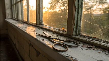 Rusty scissors on a cracked windowsill — quiet disuse in golden light