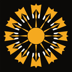 A stylized, intricate sun or starburst emblem with gold and white rays against a dark background, radiating a sense of energy and pattern.