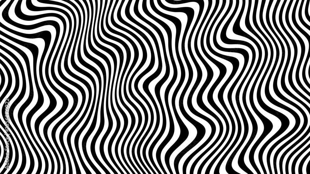Poster Black and white abstract wavy lines pattern creating an optical illusion. Groovy psychedelic striped background for modern design.