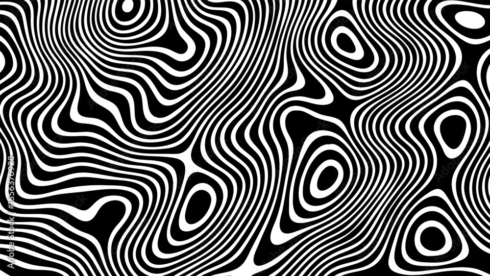 Aufkleber Black and white abstract wavy lines creates a modern psychedelic optical illusion background. Groovy striped pattern for design.
