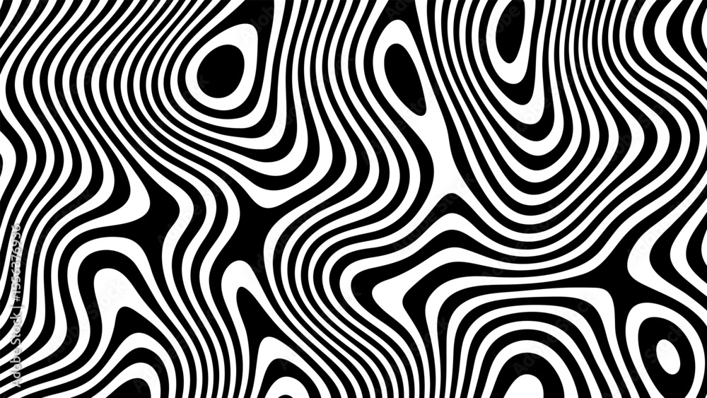 Poster abstract black and white wavy line pattern. psychedelic optical illusion background for textile, fab