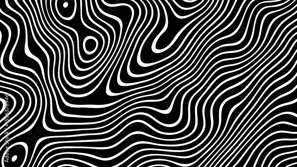 Poster Black and white abstract wavy lines pattern with flowing topographic style. Modern art background for design and decoration.