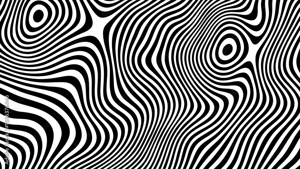 Poster Abstract black and white wavy line background. Groovy striped optical illusion texture. Hypnotic ripple surface pattern for modern design.