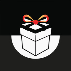 A white gift box with a red and gold ribbon sits against a black and white background.