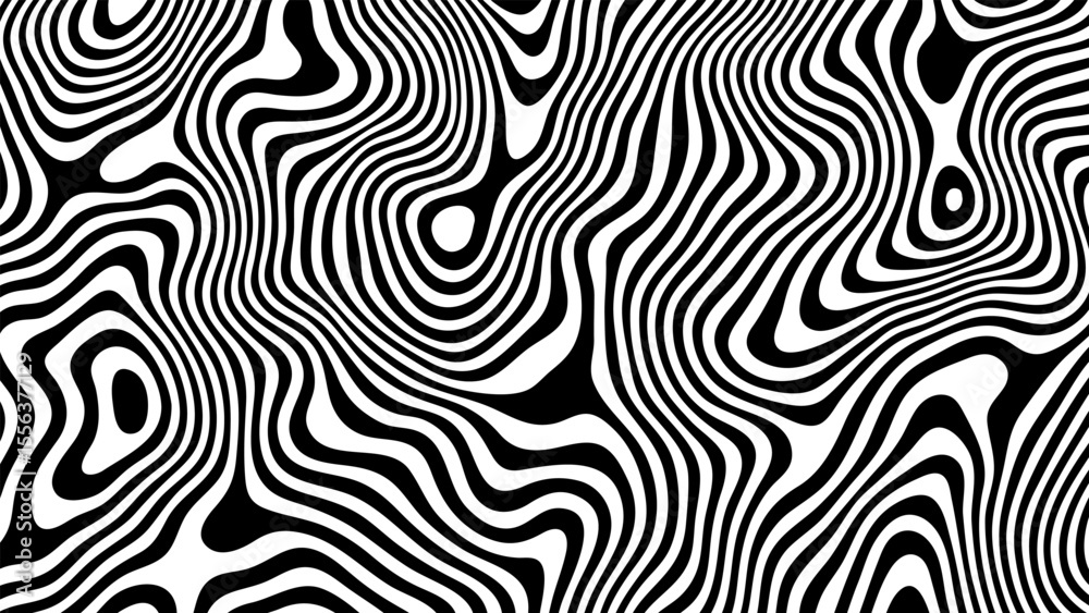 Poster Black and white fluid wavy lines psychedelic art background poster. Illusion pattern texture. Groovy retro optical abstract design.