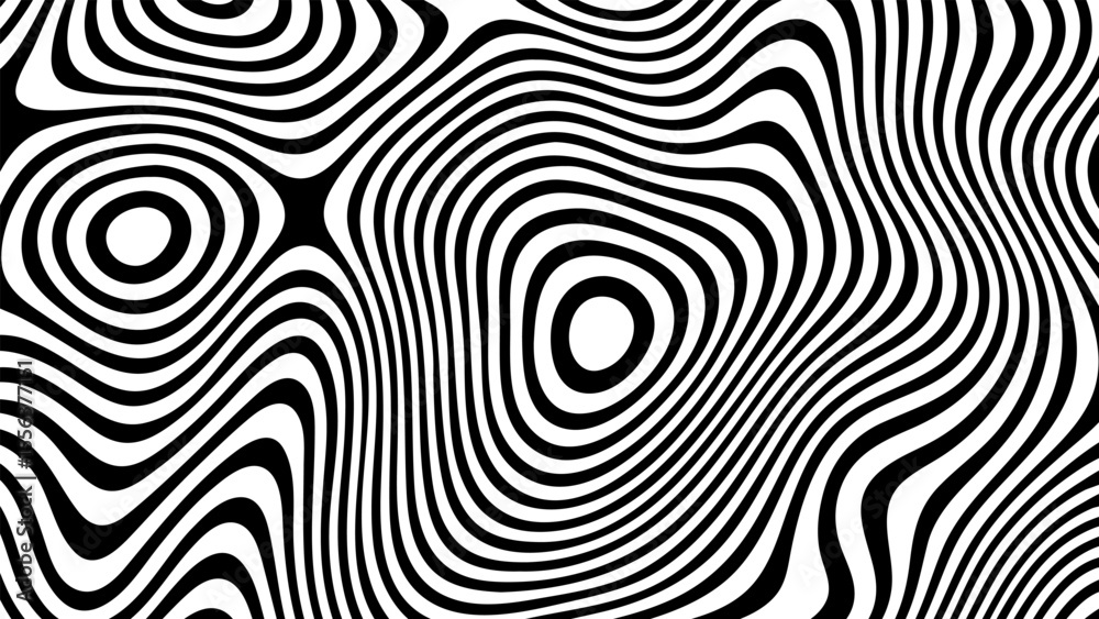Poster Black and white abstract flowing lines. Optical illusion striped surface. Groovy vector background pattern for modern design.