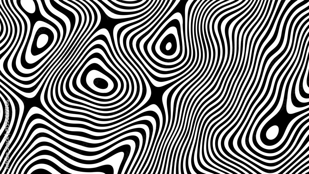 Poster Black and white abstract wavy lines pattern a groovy psychedelic optical art illustration for background and texture.