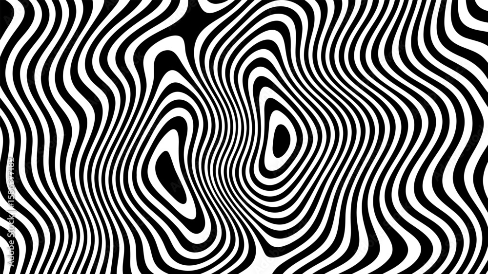 Poster Black and white abstract wavy lines pattern creating an optical illusion. Groovy psychedelic striped background for modern design.