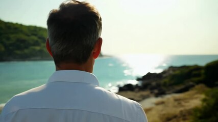 Professional businessman wearing white dress shirt stands contemplatively overlooking stunning turquoise ocean coastline with rocky cliffs & pristine beach while gentle breeze moves through scenic lan - Powered by Adobe