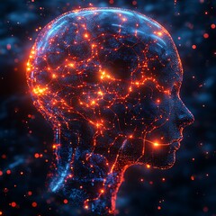 Conceptual photo depicting human brain activity and neural networks with glowing red and blue energy