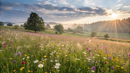 Lovely meadow during spring - sunlight bathing the meadow flowerslandscape, flower, meadow, nature, sky, summer, flowers, grass, field, mountain, spring, green, 