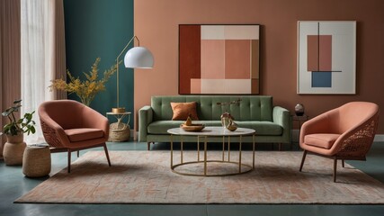 Modern Living Room Interior Design With Green Sofa, Pink Accent Chairs, and Abstract Art Showcasing a Cozy and Stylish Atmosphere