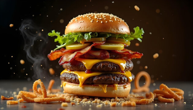 Hamburger with fry onions, burger and fries, hot two layer hambuger with cheese, cheese burger, fast food