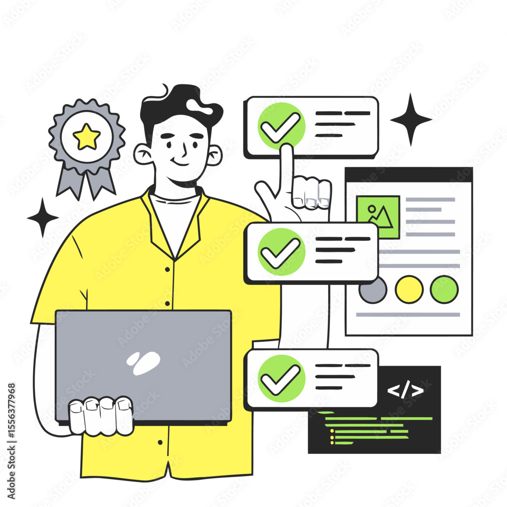 Aufkleber man laptop project management task checklist success achievement development coding design workflow 