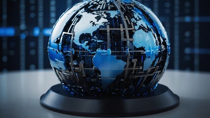 Innovative 3D Globe Design Showcasing a Digital Map of the World in Blue Tones With Intricate Detailing and a Sleek Base, Highlighting Modern Technology and Connectivity