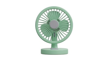 A small, mint-green electric fan, displayed against a clean white background.