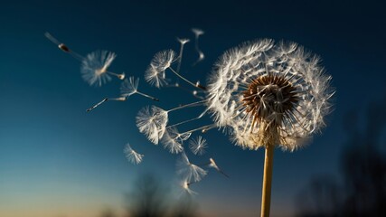 Dandelion Seeds Drifting Gently in the Evening Breeze Against a Twilight Sky