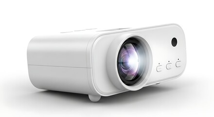 Compact white mini projector isolated on white background, showcasing its lens and controls.