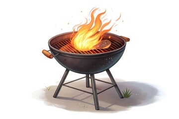 Illustration of round charcoal grill with flame and cooking meat