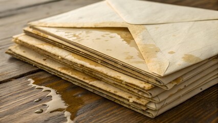 Stack of old letters with water damage — ink bleeding between pages
