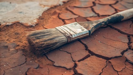Worn paintbrush resting in dried pigment — visual history in texture