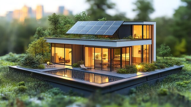 Modern home featuring solar panels, displayed on a transparent background, emphasizing eco-friendly energy solutions integrated into the sleek architectural design.