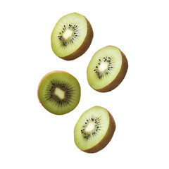 Fototapeta premium Fresh kiwi slices arranged in a modern style, showcasing vibrant green color and texture against a white isolated background.