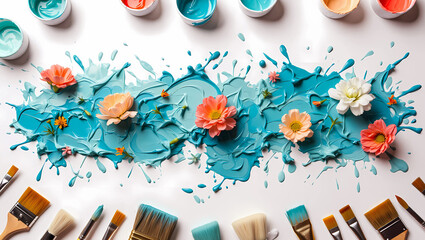 Obraz premium Artistic Teal Paint Splatter with Flowers and Paintbrushes