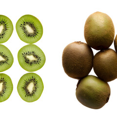 Fototapeta premium fresh kiwi fruit slices and whole kiwis on dark background arranged in artistic composition highlighting vibrant green flesh and brown skin
