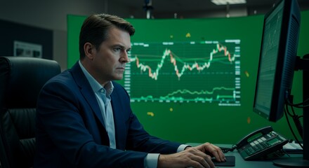 Focused Broker Analyzes Market Trends on a Green Screen