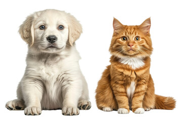 Adorable golden retriever puppy and cute orange tabby cat sitting together showcasing friendship and companionship in a joyful atmosphere