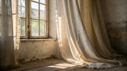 Linen curtain discolored from sunlight — soft edges and worn texture