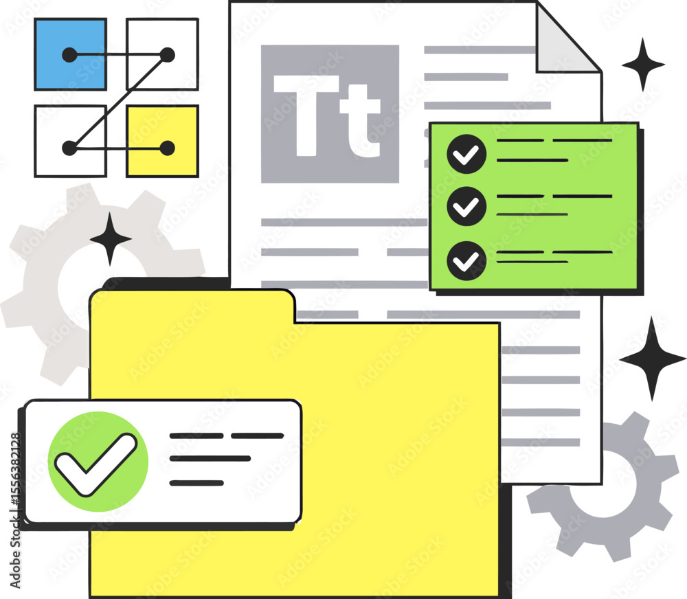 Poster document file folder checkmark data management process workflow organization productivity system vec