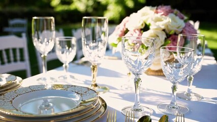 Outdoor wedding feast with elegant glassware and floral arrangements